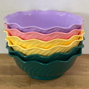 Melamine Hard Plastic Ruffled Bowls by Gessner, 2 Spruce Green, 2 Yellow, 1 Pink, and 1 Lilac
