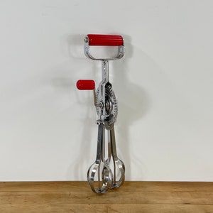Egg Beater by Androck, Red Bakelite / Catalin Handle, Hand Crank Manual Stainless Steel Egg