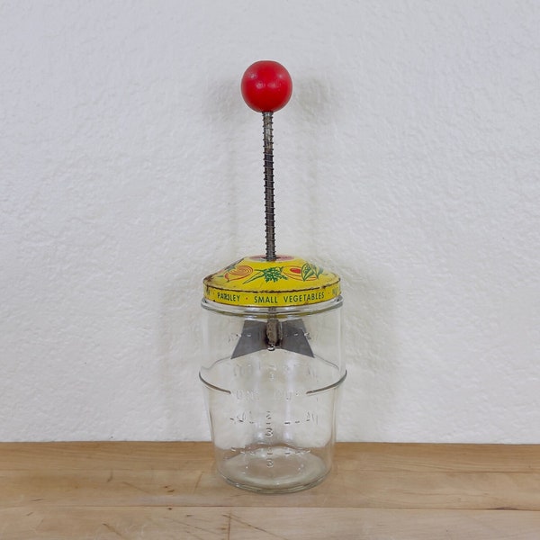 1940s Manual Food Chopper with Metal Lid, Red Wood Knob and Decorated with Food and Vegetables, Embossed Measuring Cup Jar up to 1 3/4 Cups