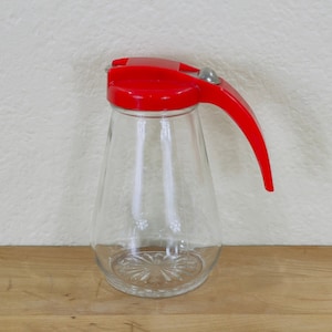 Syrup Pitcher / Dispenser by Federal Tool Corp, Chicago, Ill, Red Plastic Top, Metal Slide Thumb Press Opening