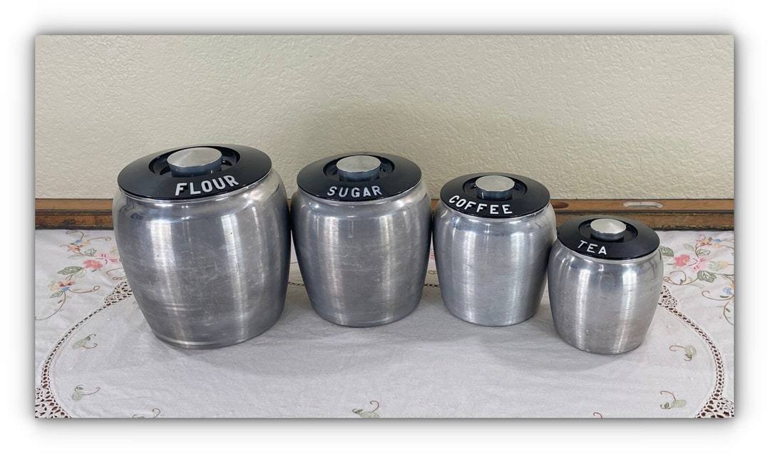 Aluminum Canister Set by Kromex, Black Plastic Tops White Letters and