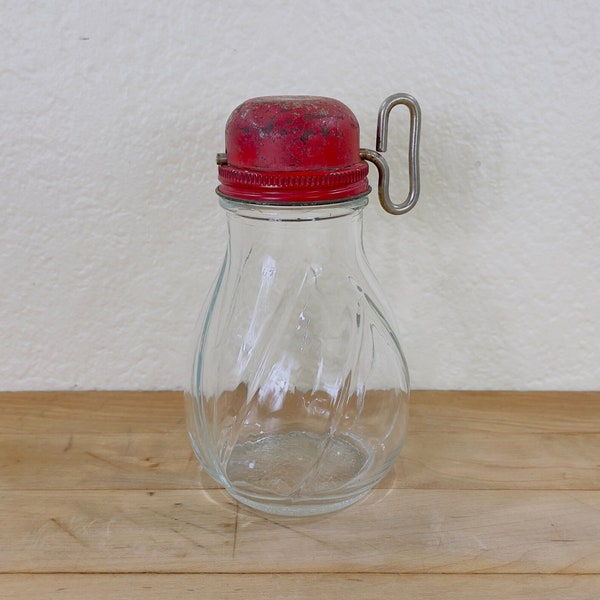 Nut Chopper with a Red Metal Lid, C 1940s, Chopper Blades and Red Cap on an Armstrong Cork Co. Glass Jar