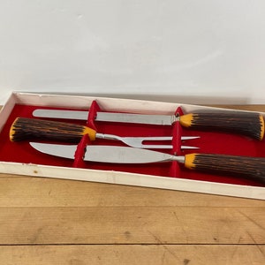 Bakelite Carving Set by Washington Forge, Plastic Antler Style Handles and Stainless Steel Cutlery, 3 Piece Carving Set in Half a Box