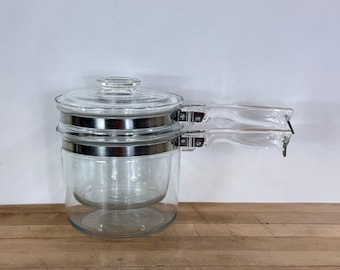 Pyrex Flameware Double Boiler with Lid by Corning,  Clear Glass 1 1/2 Quart Lidded Double Boiler #6283