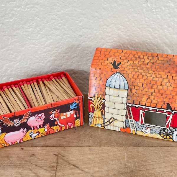 Wood Matchsticks from 1982 by Hallmark, Cardboard Barn Shaped Matchbox Full of Wood Matches