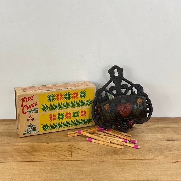 Cast Iron Wall Match Stick Holder with Painted Red Heart and Tulips, Fire Place/Kitchen/Stove Match Safe