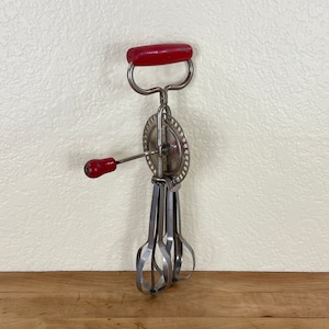 Antique Edlund Egg Beater, Red Wood Handle Hand Crank Manual Stainless Steel Mixer