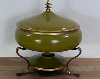 Green Metal Casserole Candle Warming Stand, Round Pagoda Chafing Dish, Fondue Stand (No Insert)