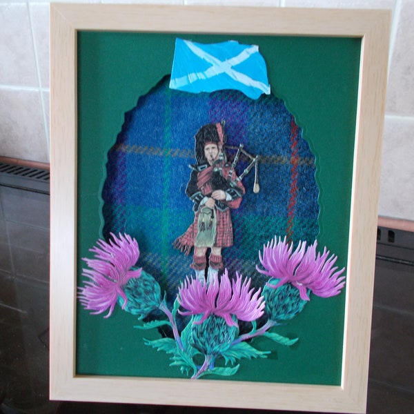 Scottish Piper wall art  .Scotland wall art, Harris tweed wall art, Scottish Thistle  picture, Harris tweed bagpipes