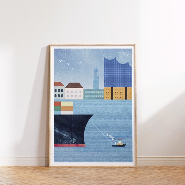 Hamburger Hafen Poster | Vintage Elbphilharmonie Hamburg | Reisen Urlaub Wandbild Deko | Kunstdruck Minimalistisch
