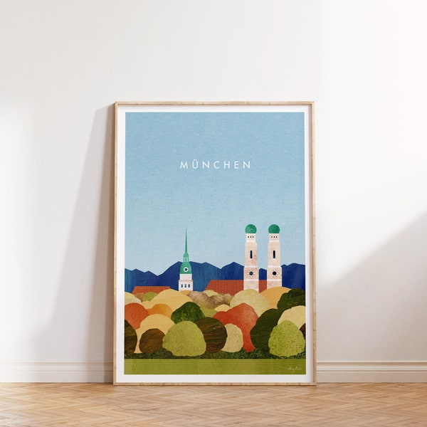 München Marienkirche Frauenkirche Poster | Vintage Bayern Englischer Garten | Reisen Urlaub Wandbild Deko | Kunstdruck Minimalistisch