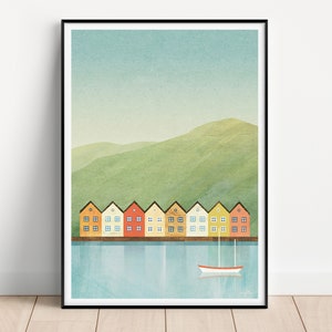 Farbenfrohe Häuser in Bergen Norwegen Poster | Vintage Poster | Reisen Urlaub Wandbild Deko | Kunstdruck Minimalistisch Retro