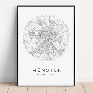 MÜNSTER Poster als Stadt Karte - minimalistische CityMap Wandbild Stadtplan für Wohnzimmer, Schlafzimmer Arbeitszimmer Geschenk für Sie  Ihn