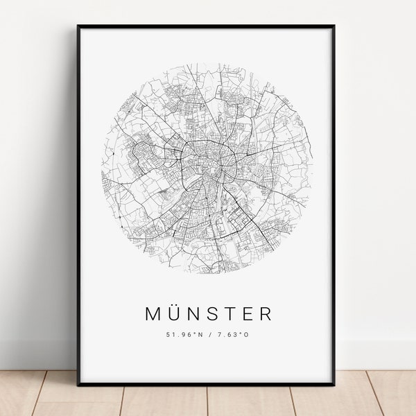MÜNSTER Poster als Stadt Karte - minimalistische CityMap Wandbild Stadtplan für Wohnzimmer, Schlafzimmer Arbeitszimmer Geschenk für Sie  Ihn