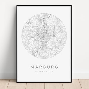 Marburg Poster als Stadt Karte - minimalistisches Design - City Map Wandbild für Wohnzimmer, Schlafzimmer Arbeitszimmer Geschenk für Ihn Sie