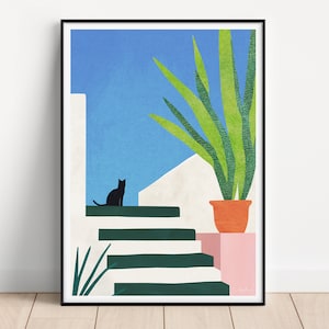 Katze in Griechenland Poster | Vintage Poster | Reisen Urlaub Wandbild Deko | Kunstdruck Minimalistisch Urlaub Retro