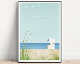 Ostsee Strandkorb Poster | Vintage Poster | Reisen Urlaub Wandbild Deko | Kunstdruck Minimalistisch Ostsee Strand