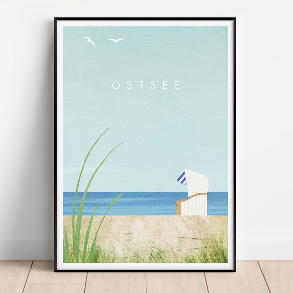 Ostsee Strandkorb Poster | Vintage Poster | Reisen Urlaub Wandbild Deko | Kunstdruck Minimalistisch Ostsee Strand