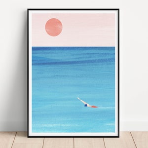 Sonnenuntergang Meer Poster | Vintage Poster | Reisen Urlaub Wandbild Deko | Kunstdruck Minimalistisch Sonnenaufgang Schwimmen Sonne