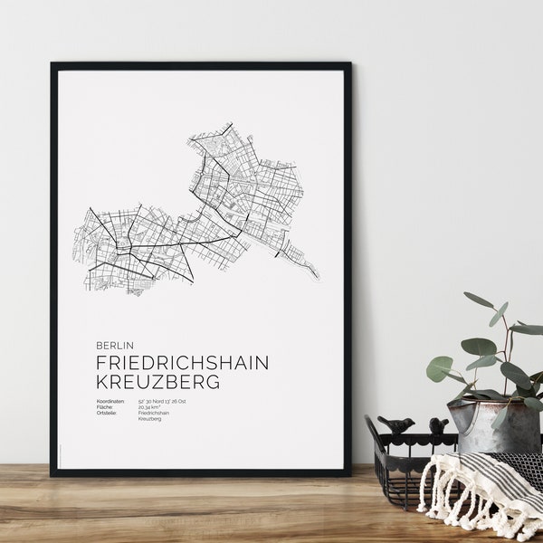 BERLIN FRIEDRICHSHAIN KREUZBERG minimalistisch Poster City Map | Kunstdruck | hochwertiger Print | | Stadtplan | skandinavisches Design