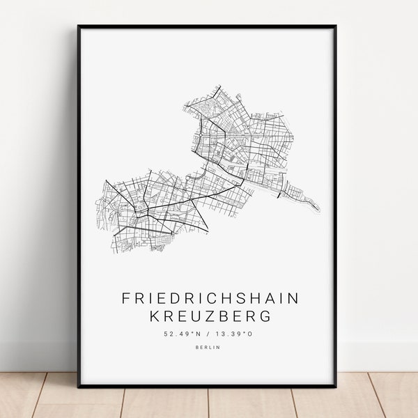 Berlin Friedrichshain Kreuzberg Poster als Stadt Karte - minimalistisches Design - City Map für Wohnzimmer, Schlafzimmer Arbeitszimmer