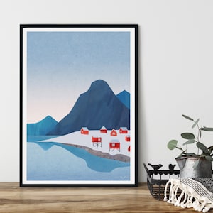 Lofoten Norwegen rote Häuser Poster | Vintage Poster | Reisen Urlaub Wandbild Deko | Kunstdruck Minimalistisch Natur Urlaub Meer