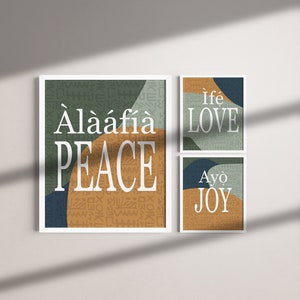 Imprimible, Arte de la palabra Yoruba, Decoración del hogar, decoración minimalista, Cartel tipográfico, Citas motivacionales, Paz, Amor, Alegría
