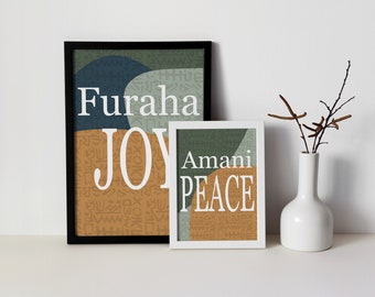 Printable, Swahili Word Art, Home Decor, minimalist decor, Typography Poster, Motivational Quotes, Peace, Love, Joy, Kiswahili