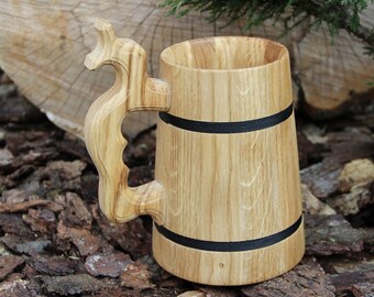 カスタムオークビールジョッキ：鹿のハンドル付き手作り木製タンカード
