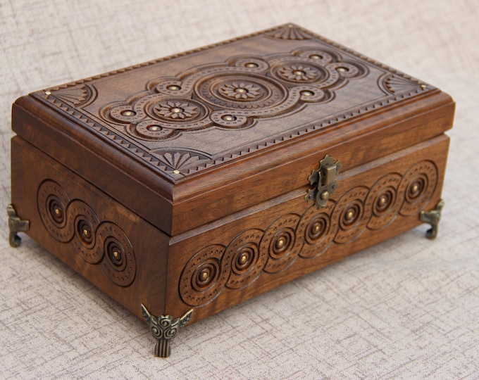 Wooden jewelry box decorated with metal, hand carved wooden box for jewelry