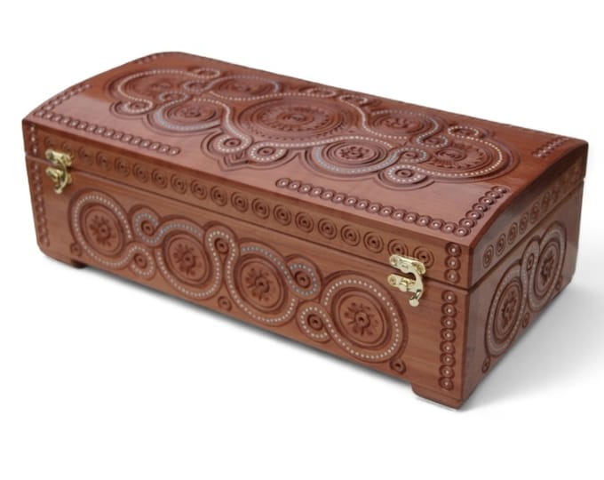 Hand carved natural wooden coffer, large wooden box for jewelry