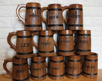 Set of 12 personalized beer steins, wooden tankards, groomsmen gift, natural oak mug, wooden beer mug, wedding party gifts