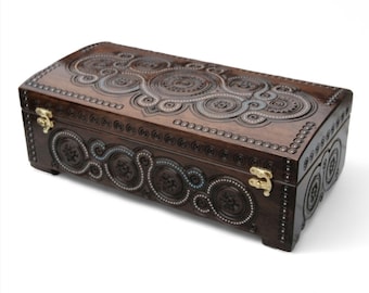 Large wooden box for jewelry, hand carved natural wooden coffer