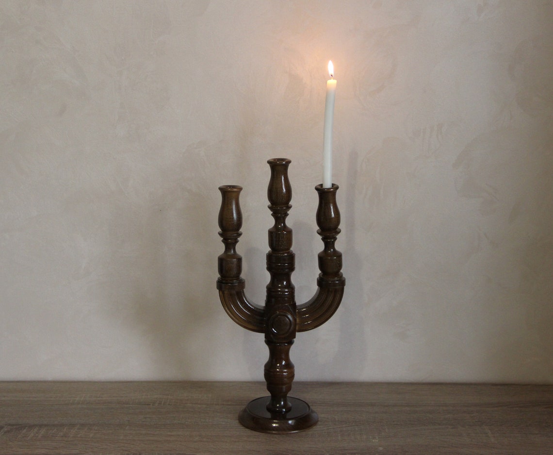 Dark wooden candelabra triple wooden candleholder vintage Etsy