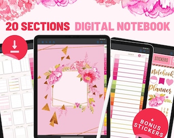 Pink Digital NOTEBOOK Goodnotes Digital Journal iPad Diary for Notability on Tablet 20 Custom Sections Notebook With Tabs Hyperlinked