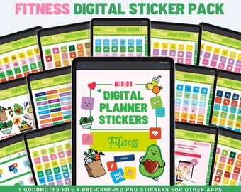 May include: A digital sticker pack for fitness planning. The pack includes a Goodnotes file and pre-cropped PNG stickers for other apps. The stickers feature a variety of fitness-related icons, including a heart, a dumbbell, a water bottle, and a running shoe. The stickers are in a variety of colors, including pink, green, blue, and yellow.