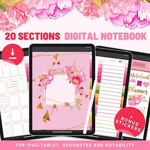 May include: A digital notebook planner with 20 sections for iPad and tablet. The cover features a pink background with a gold frame and floral design. The notebook includes an index, stickers, and bonus stickers. The text "20 SECTIONS DIGITAL NOTEBOOK" is at the top of the image.