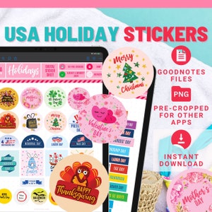 May include: A digital sheet of printable stickers featuring various US holidays, including Thanksgiving, Christmas, Valentine's Day, and Mother's Day. The stickers are pre-cropped for use in Goodnotes and other apps.