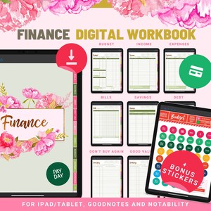 May include: A digital workbook for managing finances, with sections for budget, income, expenses, bills, savings, and debt. The workbook includes a download icon, a pay day sticker, and bonus stickers.