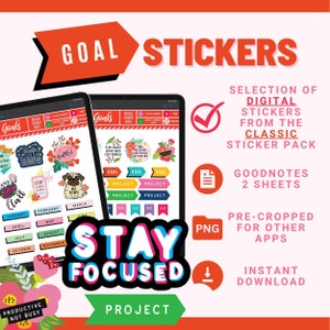 Può includere: Sticker digitali per planner per Goodnotes e altre app. Gli sticker sono colorati e presentano citazioni motivazionali, disegni floreali e un carlino. Gli sticker sono pretagliati e pronti per il download.