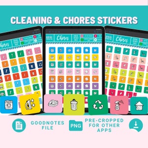 May include: A digital sticker sheet for Goodnotes with colorful icons for cleaning and chores. The icons include a washing machine, iron, trash can, recycling symbol, spray bottle, and house. The sheet also includes pre-cropped PNG files for other apps.