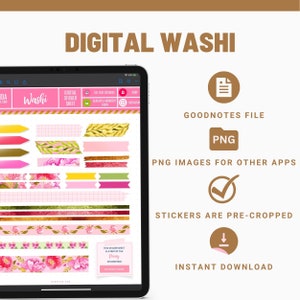 May include: Digital washi tape sticker sheet with pink and gold floral designs. The sheet is displayed on a tablet screen. The text "This sticker sheet is a part of the Peony Sticker Pack" is visible on the sheet. The text "Goodnotes File", "PNG", "PNG Images for Other Apps", "Stickers are Pre-Cropped", and "Instant Download" is also visible on the image.