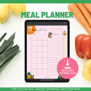 Goodnotes Planer posiłków Digital, tygodniowy planer posiłków z listą zakupów Szablon pionowy PDF, 7-dniowy plan menu, planer żywności, zdrowie i fitness