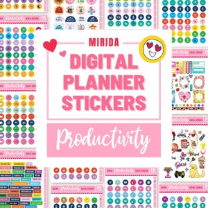 May include: A set of digital planner stickers featuring a variety of colorful designs, including holidays, food, and productivity icons. The stickers are labeled "Productivity Digital Planner Stickers" and "MIRIDA".