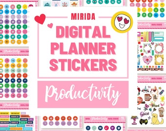 May include: A set of digital planner stickers featuring a variety of colourful designs, including holidays, food, and productivity icons. The stickers are labelled "Productivity Digital Planner Stickers" and "MIRIDA".