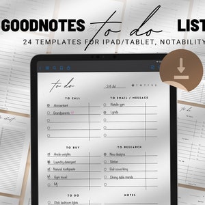 May include: A digital to-do list template for GoodNotes, a note-taking app for iPad and tablet. The template is divided into sections for "To Call", "To Email/Message", "To Buy", "To Research", "To Do", and "Notes".