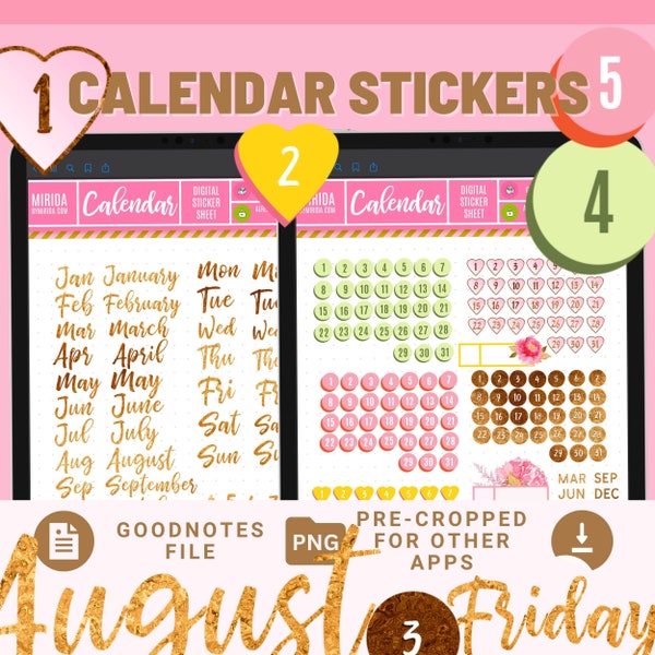 CALENDAR Stickers GoodNotes Numbers Digital Stickers MONTHS & WEEKDAYS GoodNotes, Basic Stickers Essential Planner Stickers iPad Calendar