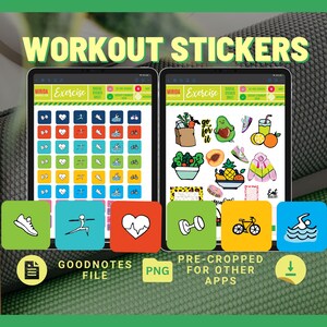 May include: A digital sticker sheet with colorful illustrations of workout and healthy lifestyle themes. The sheet includes images of dumbbells, hearts, running shoes, bicycles, swimming, and food. The sheet is labeled "Exercise" and is available in Goodnotes file format and as a PNG image.