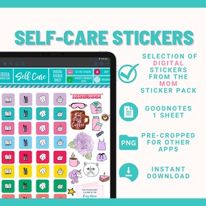 May include: A digital sticker sheet for Goodnotes featuring self-care themed illustrations. The sheet includes images of books, coffee cups, bath tubs, and more. The sheet is pre-cropped for other apps and is available for instant download. "This sticker sheet is a part of the Busy Mom" is written at the bottom of the sheet.