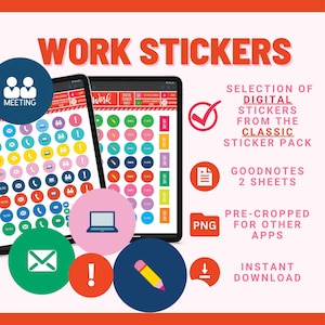 May include: Two digital sticker sheets for Goodnotes, featuring a selection of colorful icons from the Classic Sticker Pack. The icons include a meeting, a laptop, an exclamation point, a pencil, an email, and a phone. The sheets are pre-cropped for other apps and are available for instant download.